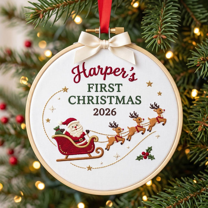 Personalized Baby First Christmas Santa Sleigh Reindeer Custom Name Year Embroidered Ornament