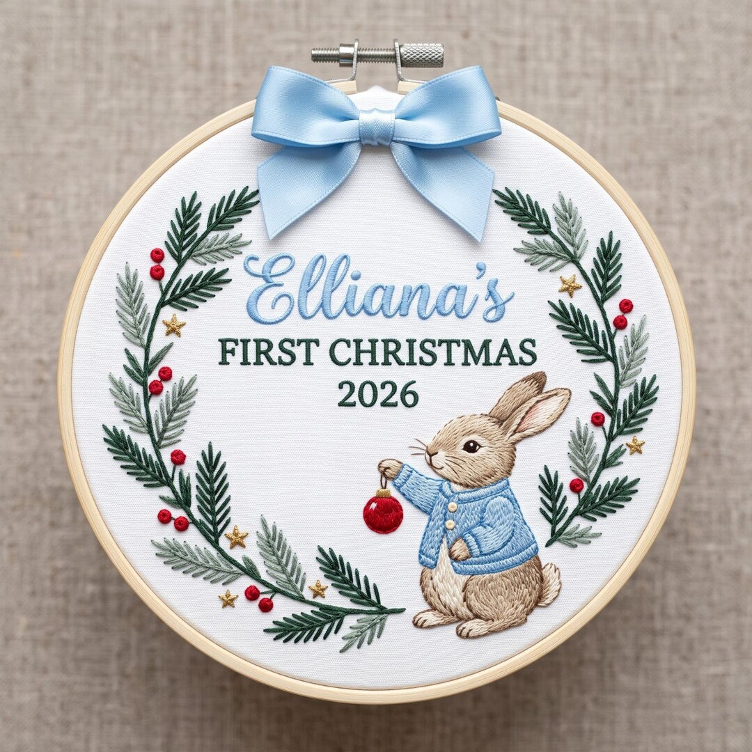 Personalized Baby Rabbit Wreath Holly Berries First Christmas Custom Name 2026 Embroidered Ornament — Christmas ornament