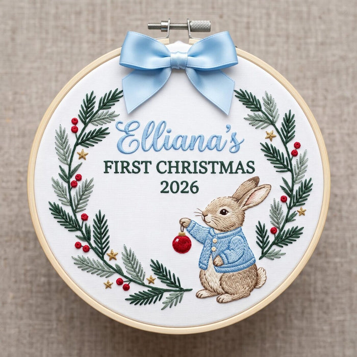 Personalized Baby Rabbit Wreath Holly Berries First Christmas Custom Name 2026 Embroidered Ornament