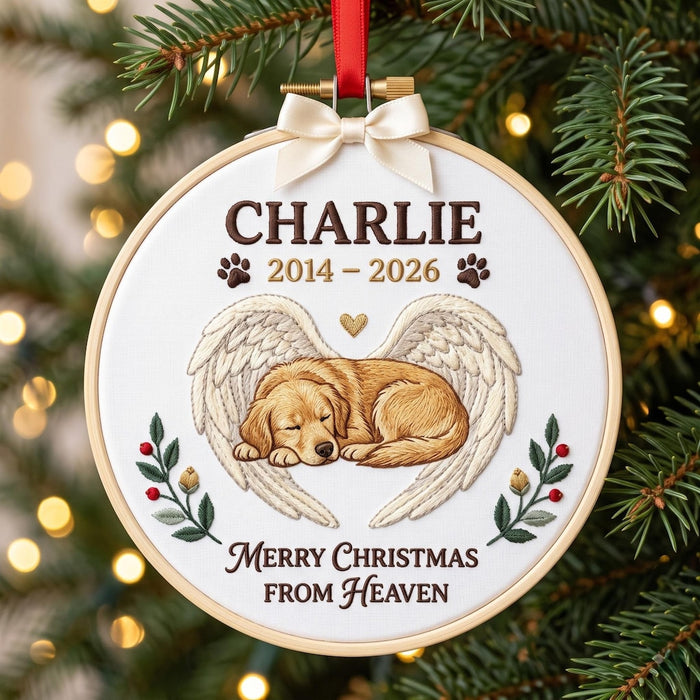 Personalized Pet Memorial Dog Angel Wings Christmas Merry Christmas From Heaven Embroidered Ornament