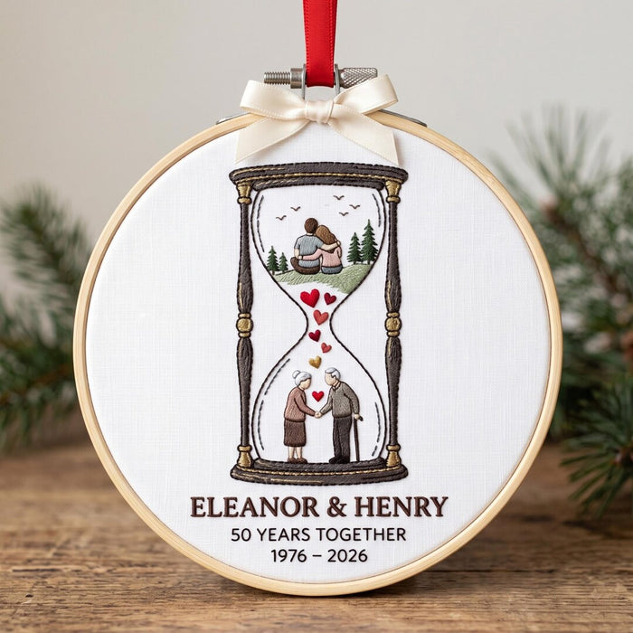 Personalized Hourglass Couple Anniversary 50 Years Together Custom Names Embroidered Christmas Ornament