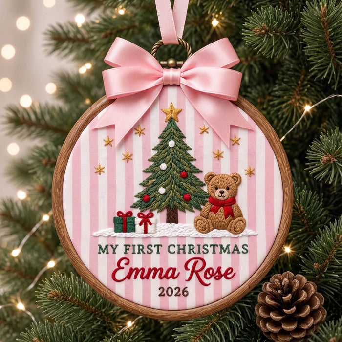 Personalized Baby Girl My First Christmas Teddy Bear Pink Stripe Embroidered Ornament