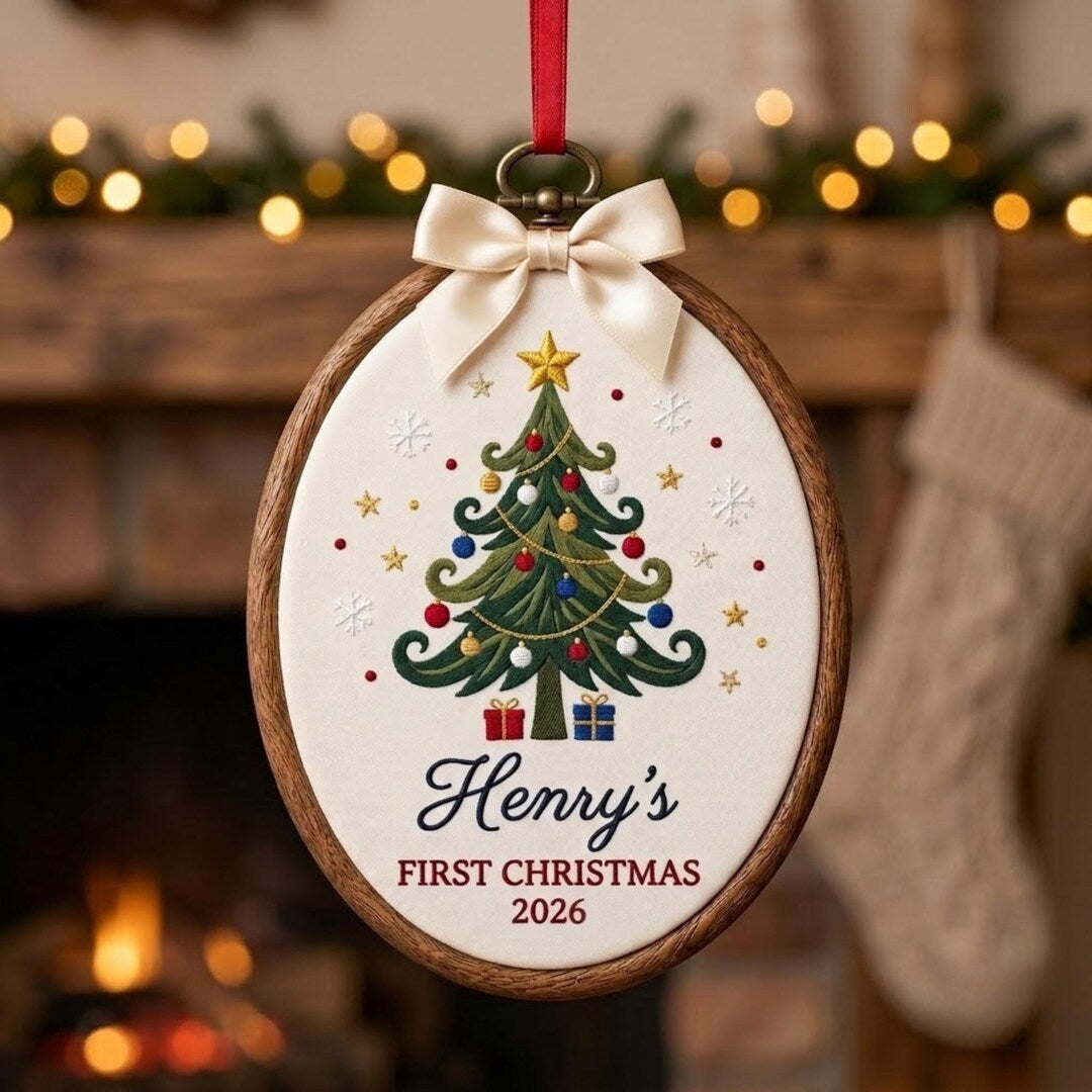 Personalized Baby's First Christmas Vintage Tree Gifts Snowflakes Stars Custom Name 2026 Embroidered Ornament — Christmas ornament