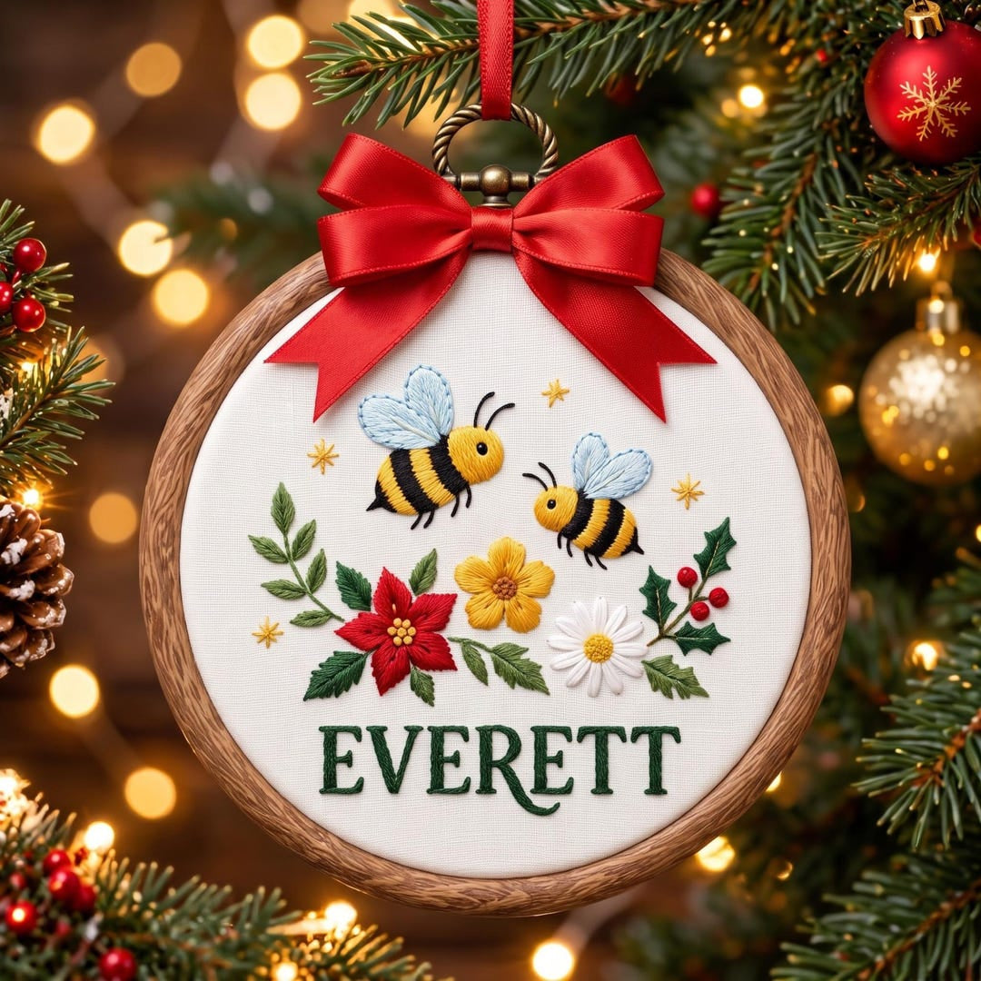 Personalized Bumblebee Wildflower Christmas Hoop Embroidered Ornament — Christmas ornament