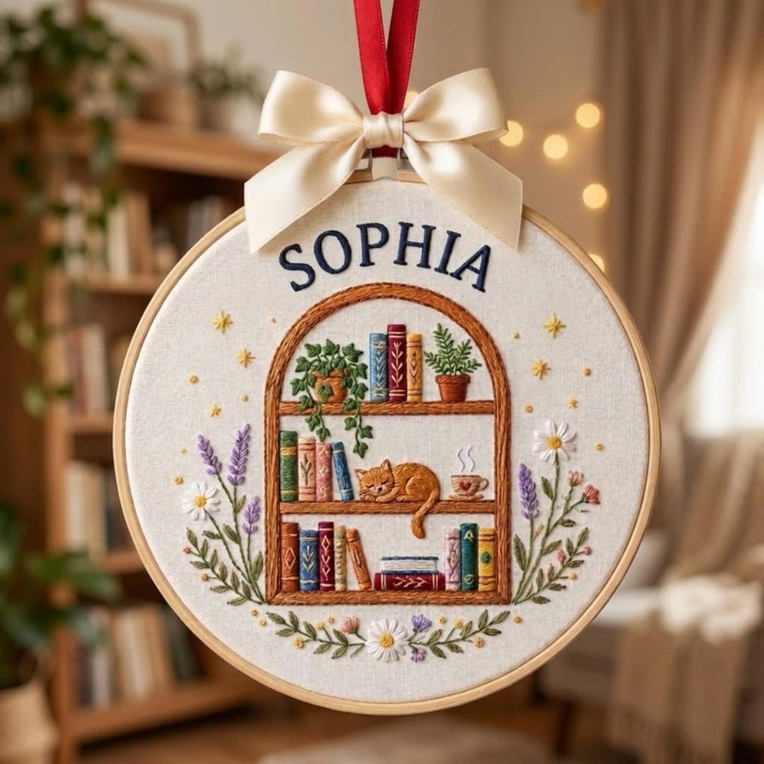 Personalized Book Lover Bookshelf Cat Sleeping Floral Custom Name Embroidered Christmas Ornament — Christmas ornament