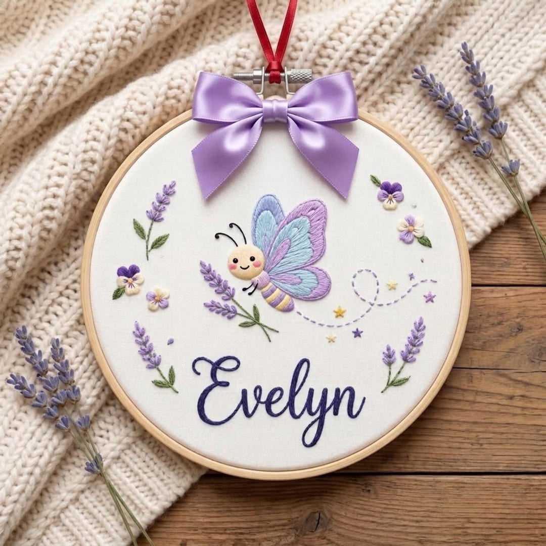 Personalized Cute Butterfly Lavender Floral Custom Name Embroidered Christmas Ornament — Christmas ornament