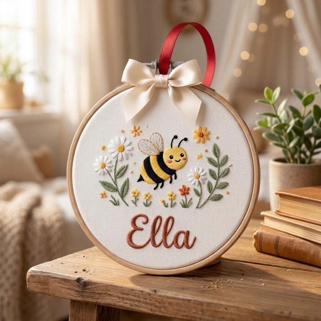 Personalized Bumble Bee Floral Garden Custom Name Embroidered Christmas Ornament — Christmas ornament