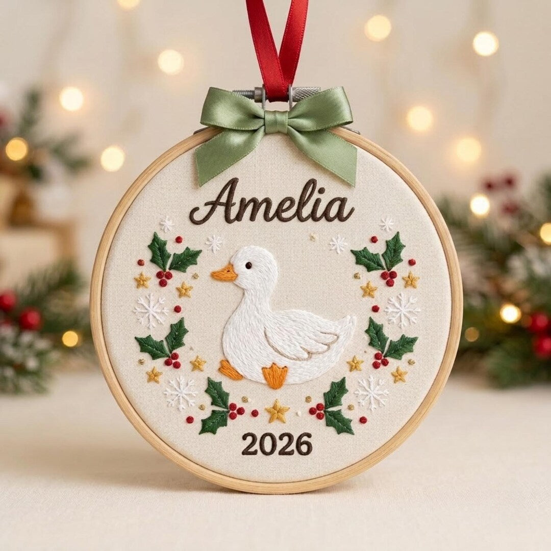 Personalized Duck Holly Berries Snowflakes Christmas 2026 Custom Name Embroidered Ornament — Christmas ornament