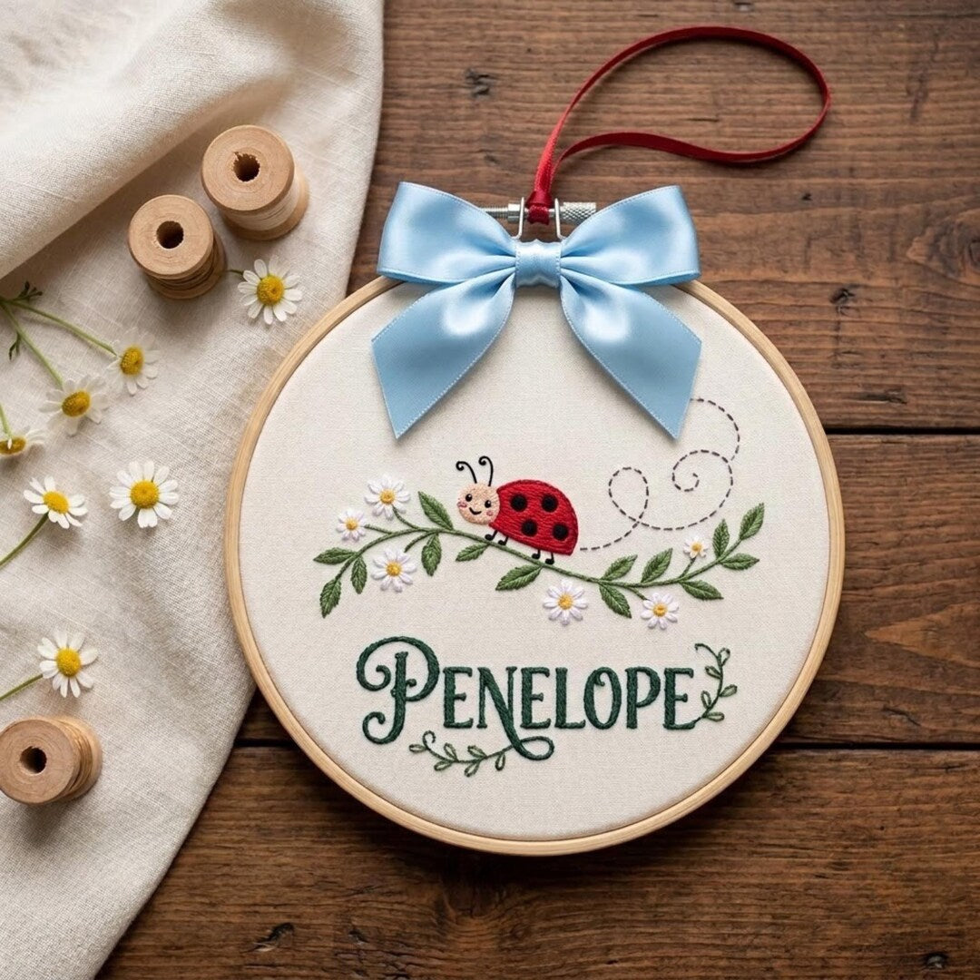 Personalized Ladybug Daisy Floral Vine Custom Name Christmas Embroidered Ornament — Christmas ornament
