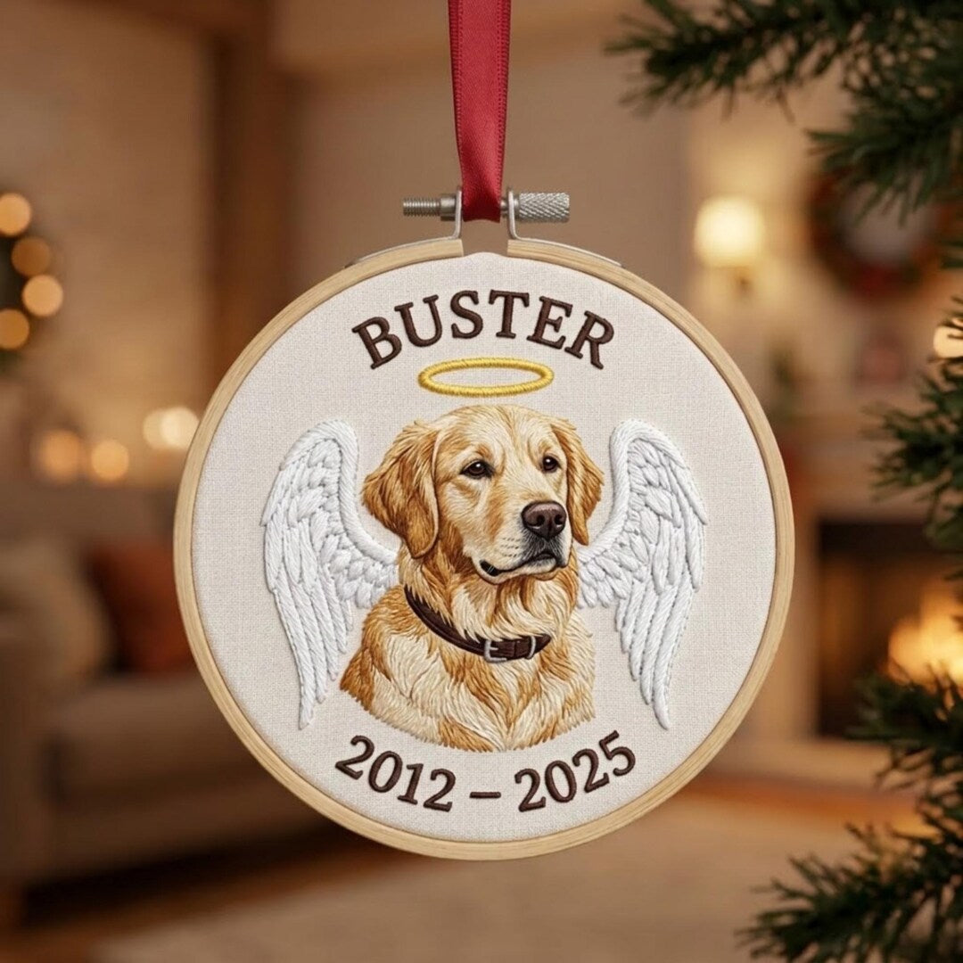 Personalized Golden Retriever Memorial Angel Wings Halo Pet Name Year Embroidered Christmas Ornament — Christmas ornament