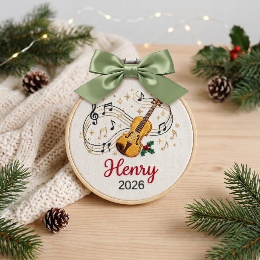 Personalized Violin Music Notes Holly Christmas Custom Name Year Embroidered Ornament — Christmas ornament