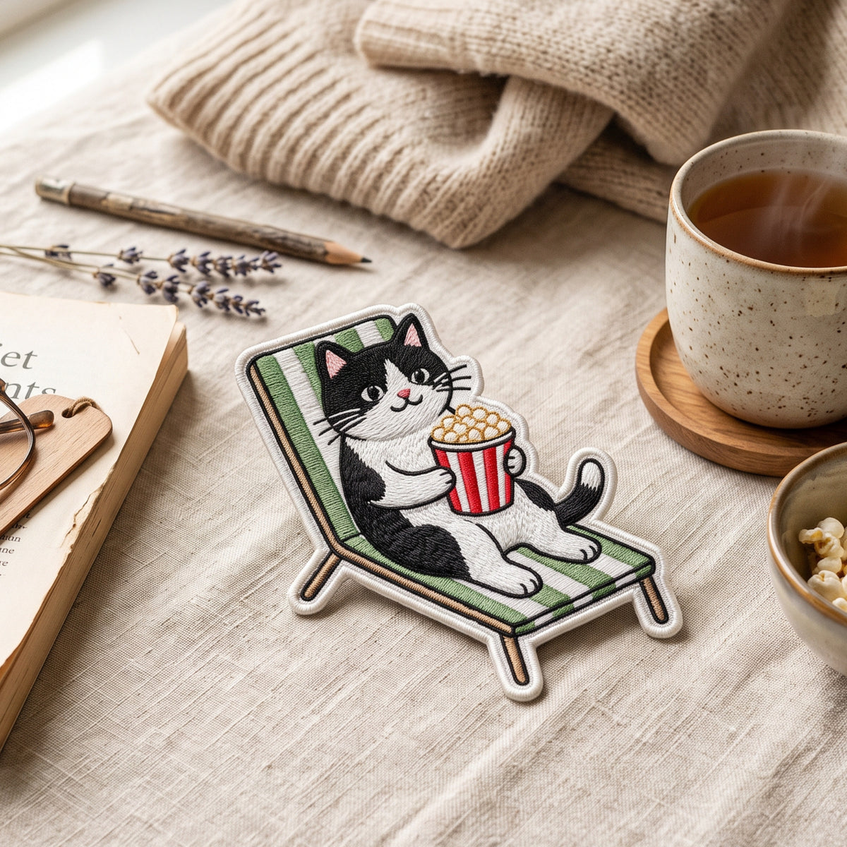 Tuxedo Cat Deck Chair Popcorn embroidered patch in 3" — front view