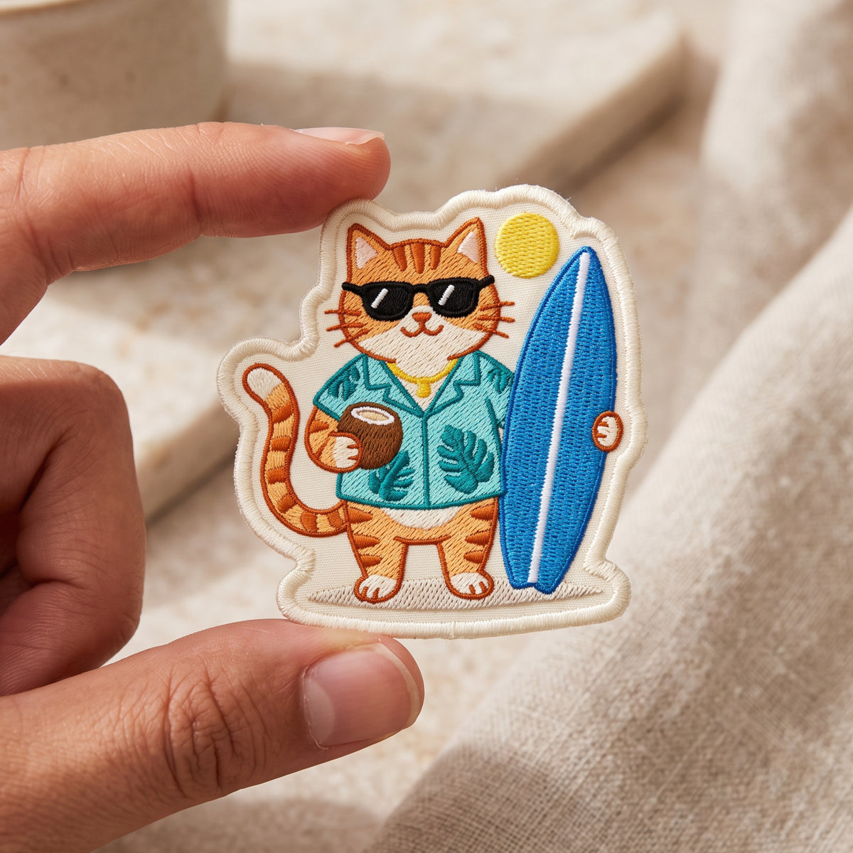 Skateboarding Tabby Cat Sunglasses embroidered patch in 3" — front view
