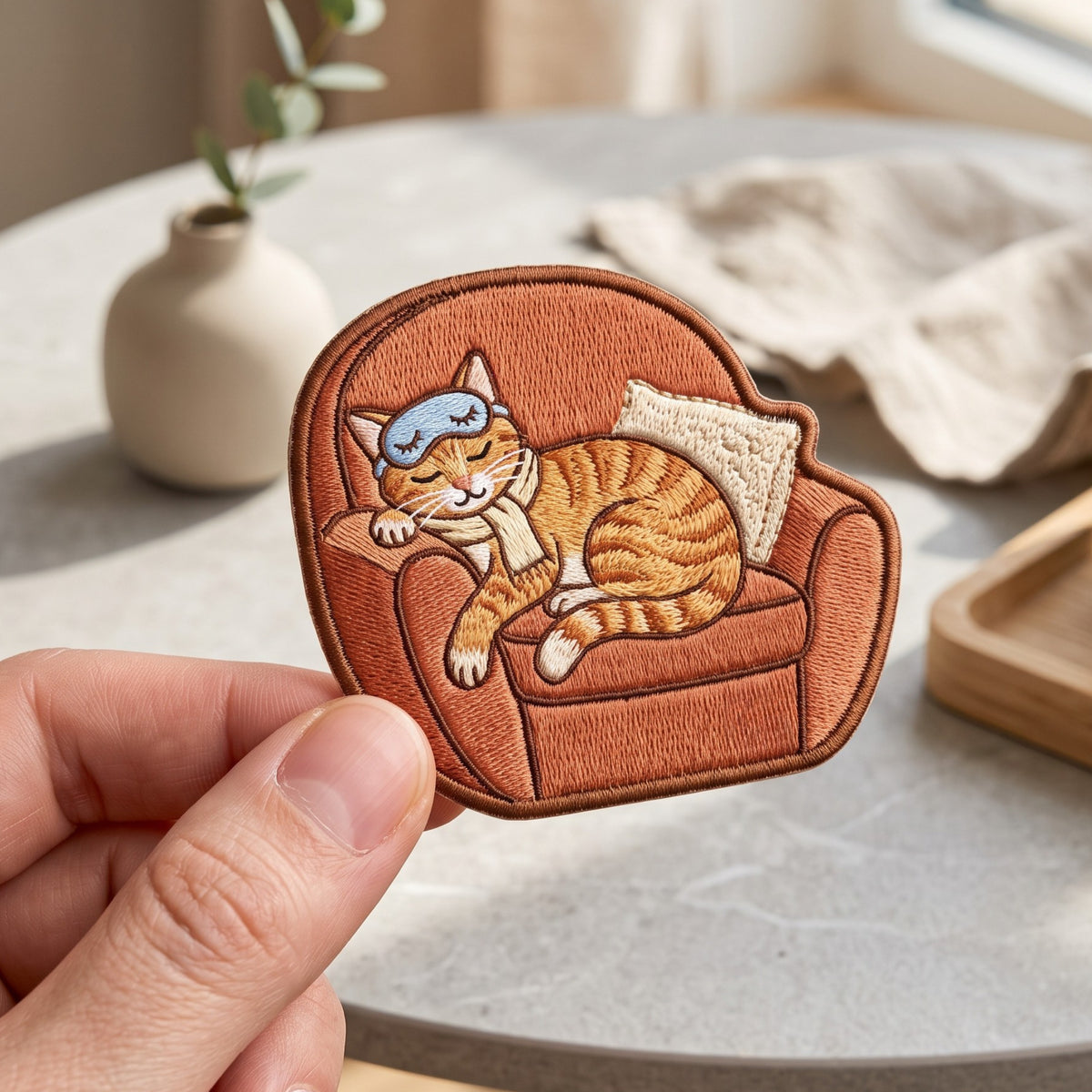 Sleeping Ginger Cat Armchair embroidered patch in 3" — front view