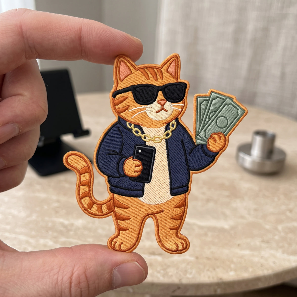 Tabby Cat Cash Bomber Jacket embroidered patch in 3" — front view