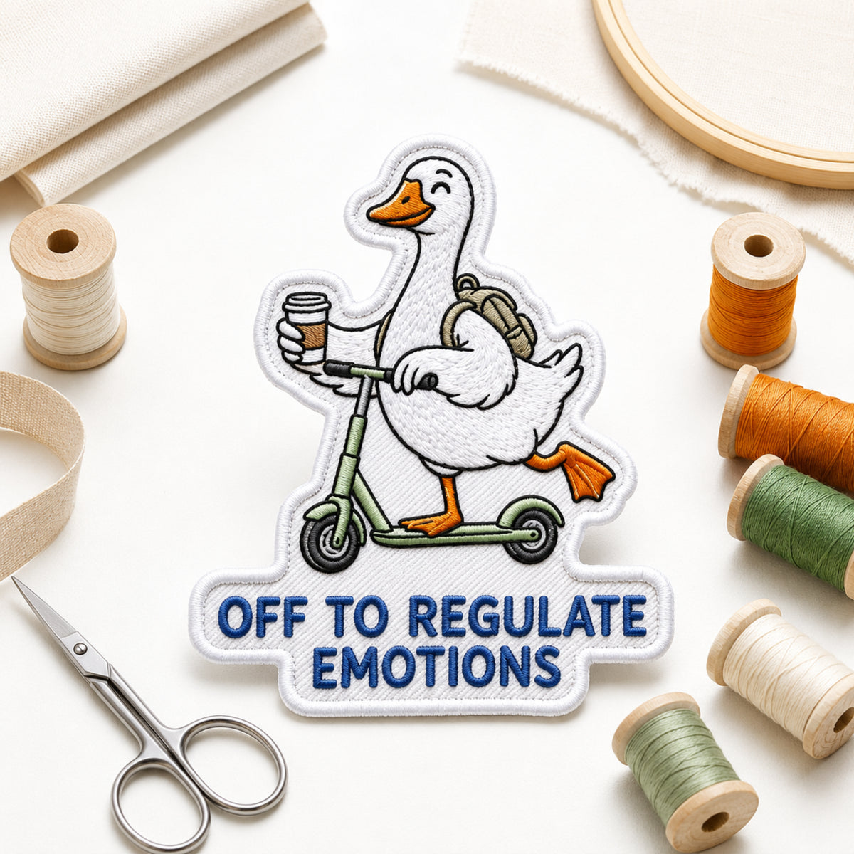 Off to Regulate Emotions Goose Scooter embroidered patch in 3" — front view