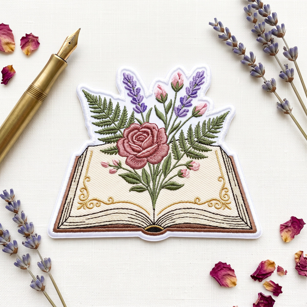 Open Book Floral Rose Lavender embroidered patch in 3" — front view