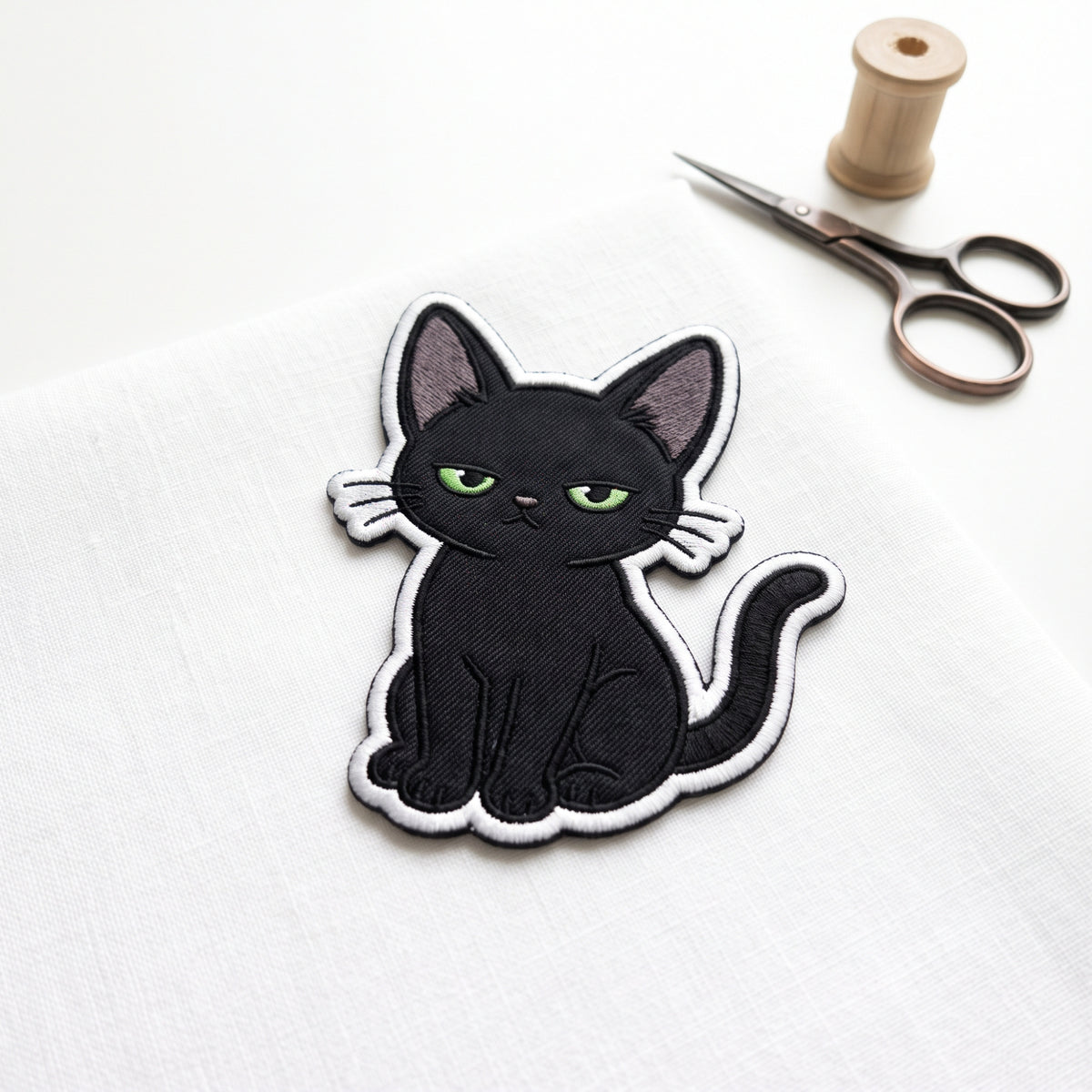 Black Cat Sitting embroidered patch in 3" — front view