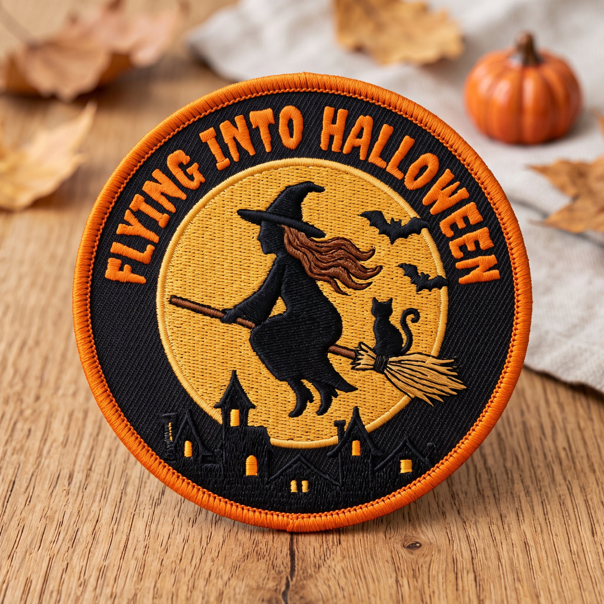 Flying Into Halloween Witch Moon embroidered patch in 3" — front view