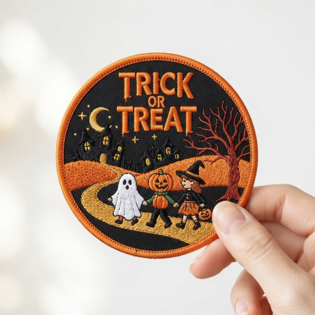 Trick or Treat Haunted House embroidered patch in 3" — front view