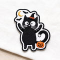 Halloween Black Cat Witch Hat Pumpkin embroidered patch in 3" — front view