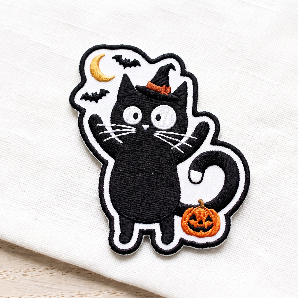 Halloween Black Cat Witch Hat Pumpkin embroidered patch in 3" — front view