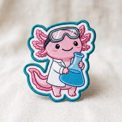 Axolotl Scientist Lab Coat Flask embroidered patch in 3" — front view