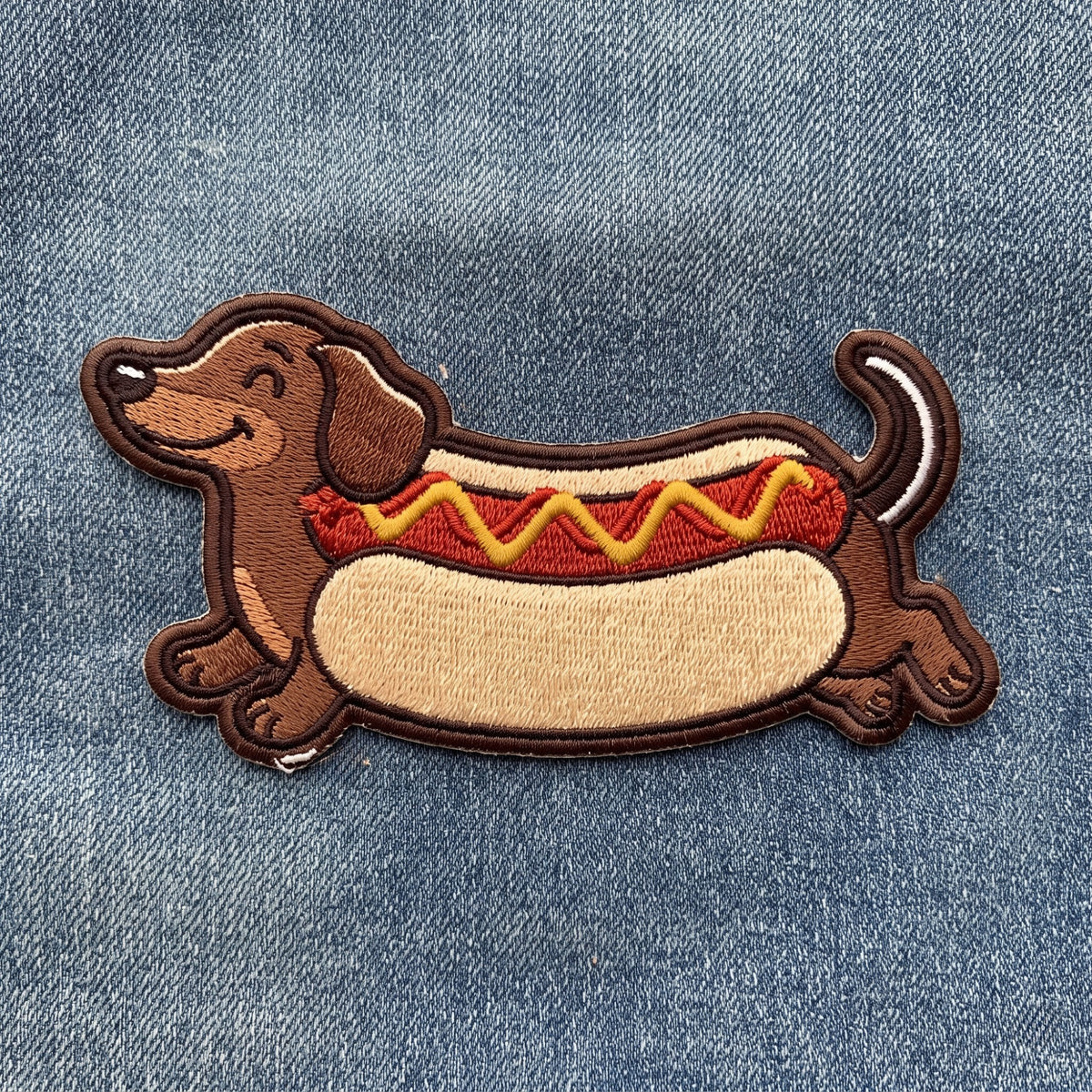 Dachshund Hot Dog embroidered patch in 3" — front view