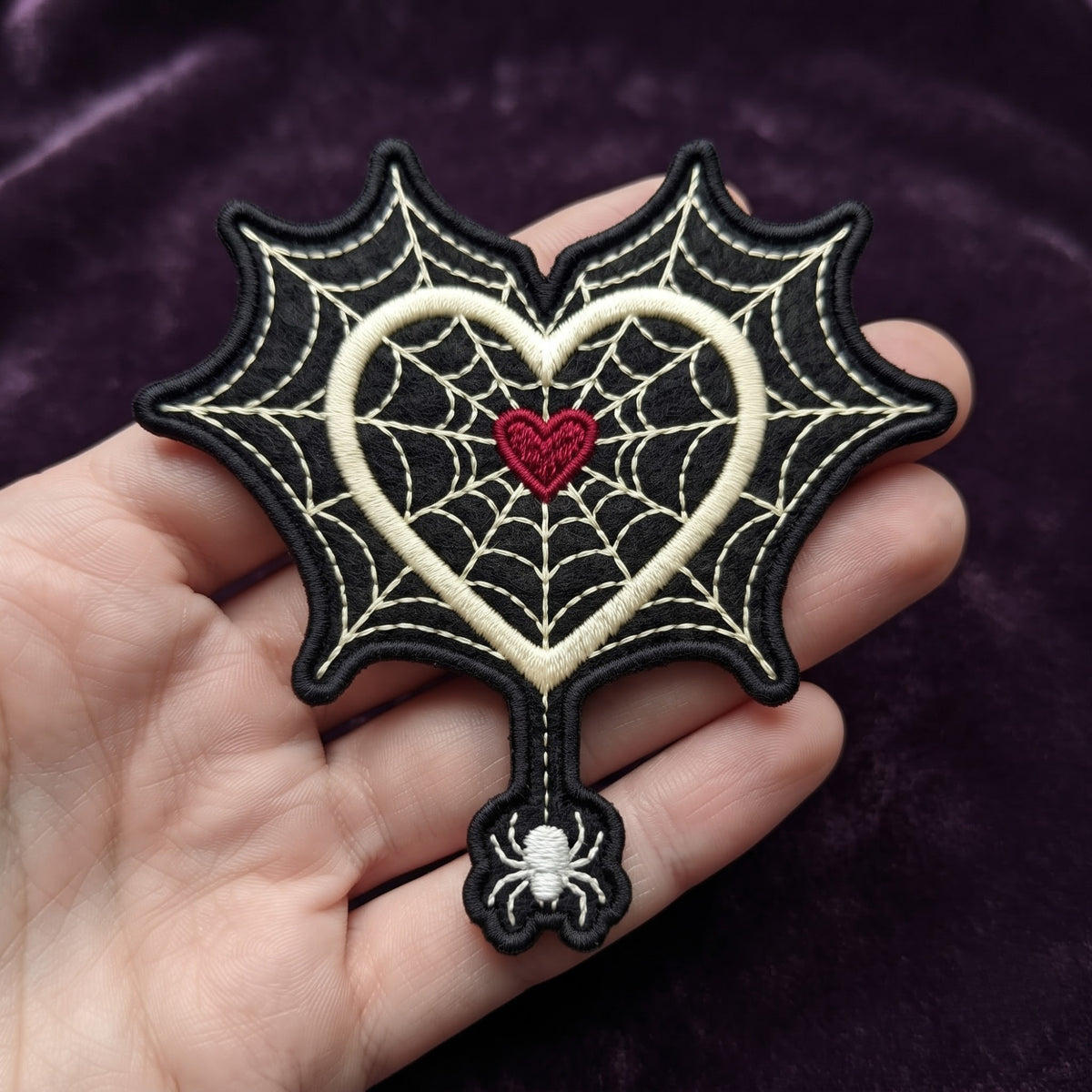 Spiderweb Heart Spider embroidered patch in 3" — front view
