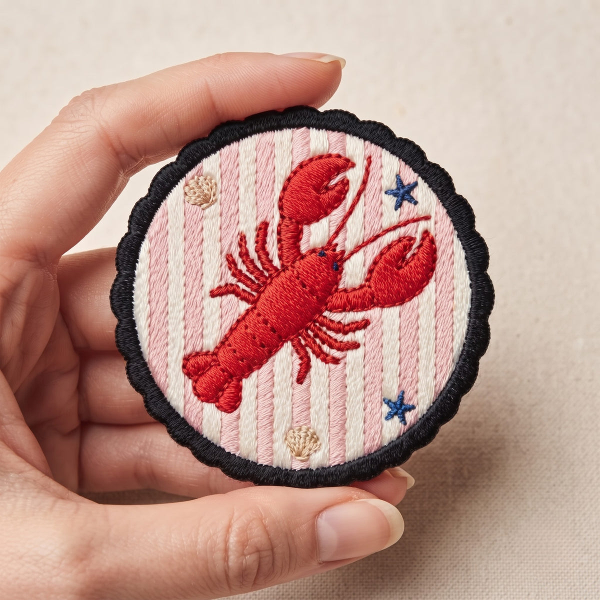 Lobster Coastal Stripes embroidered patch in 3" — front view
