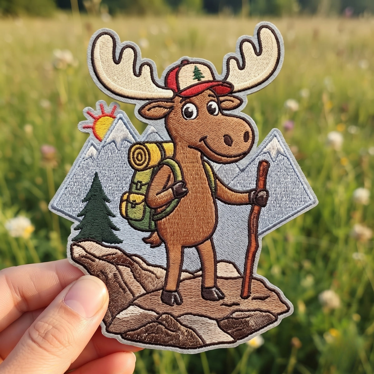 Moose Hiking Mountains embroidered patch in 3" — front view
