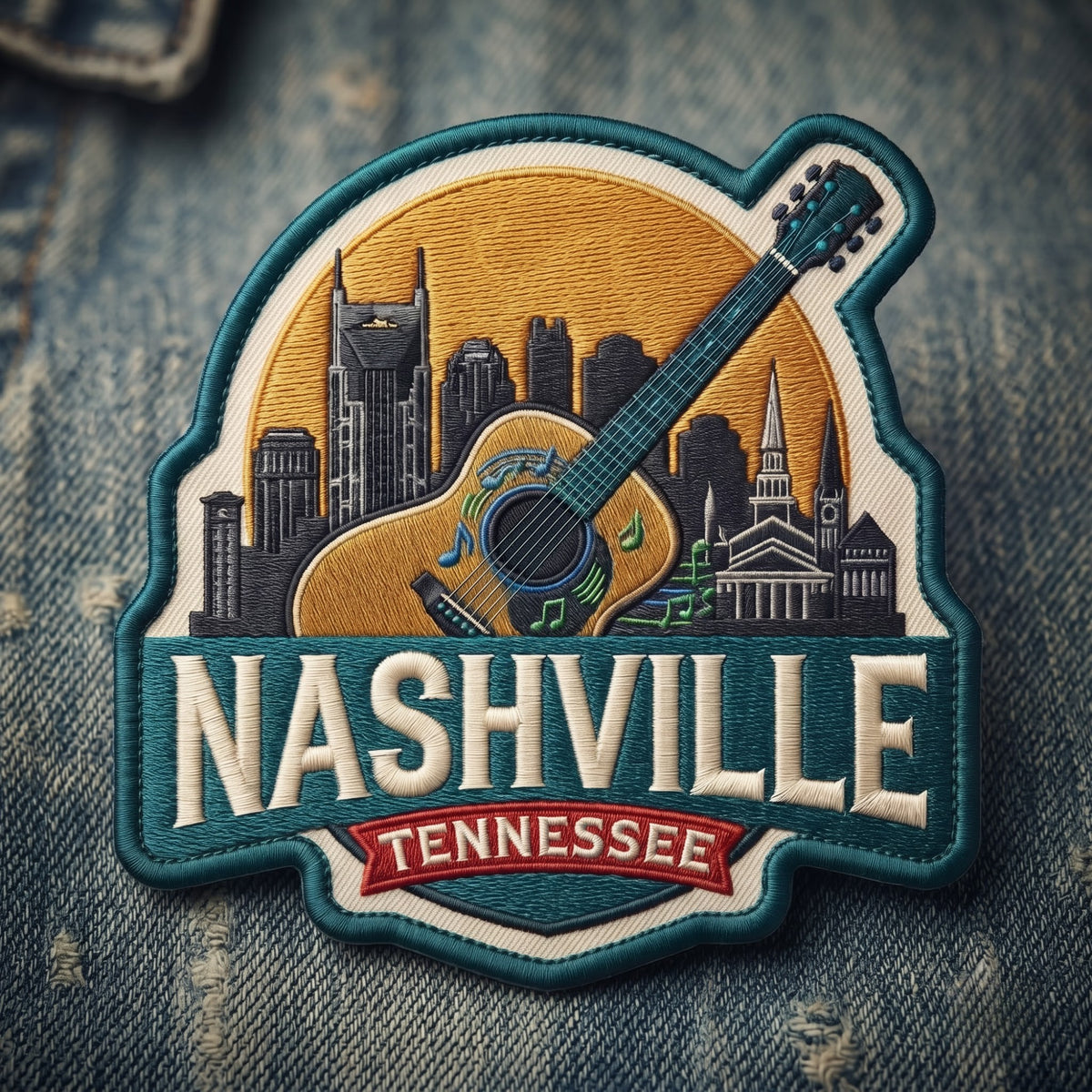 Nashville Tennessee Guitar Skyline embroidered patch in 3" — front view
