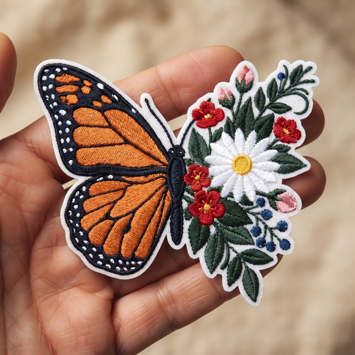 Monarch Butterfly Wildflowers embroidered patch in 3" — front view