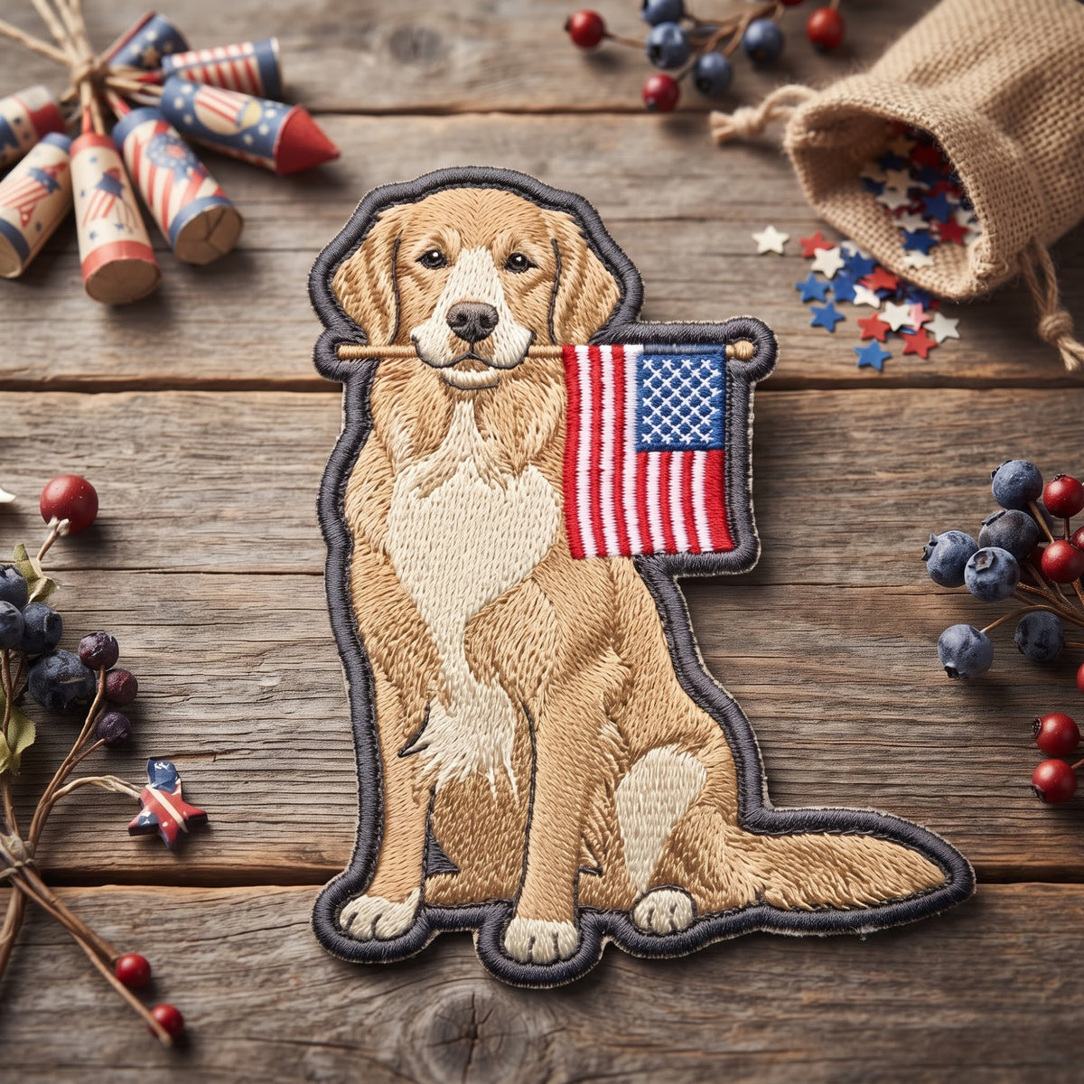 Golden Retriever American Flag embroidered patch in 3" — front view