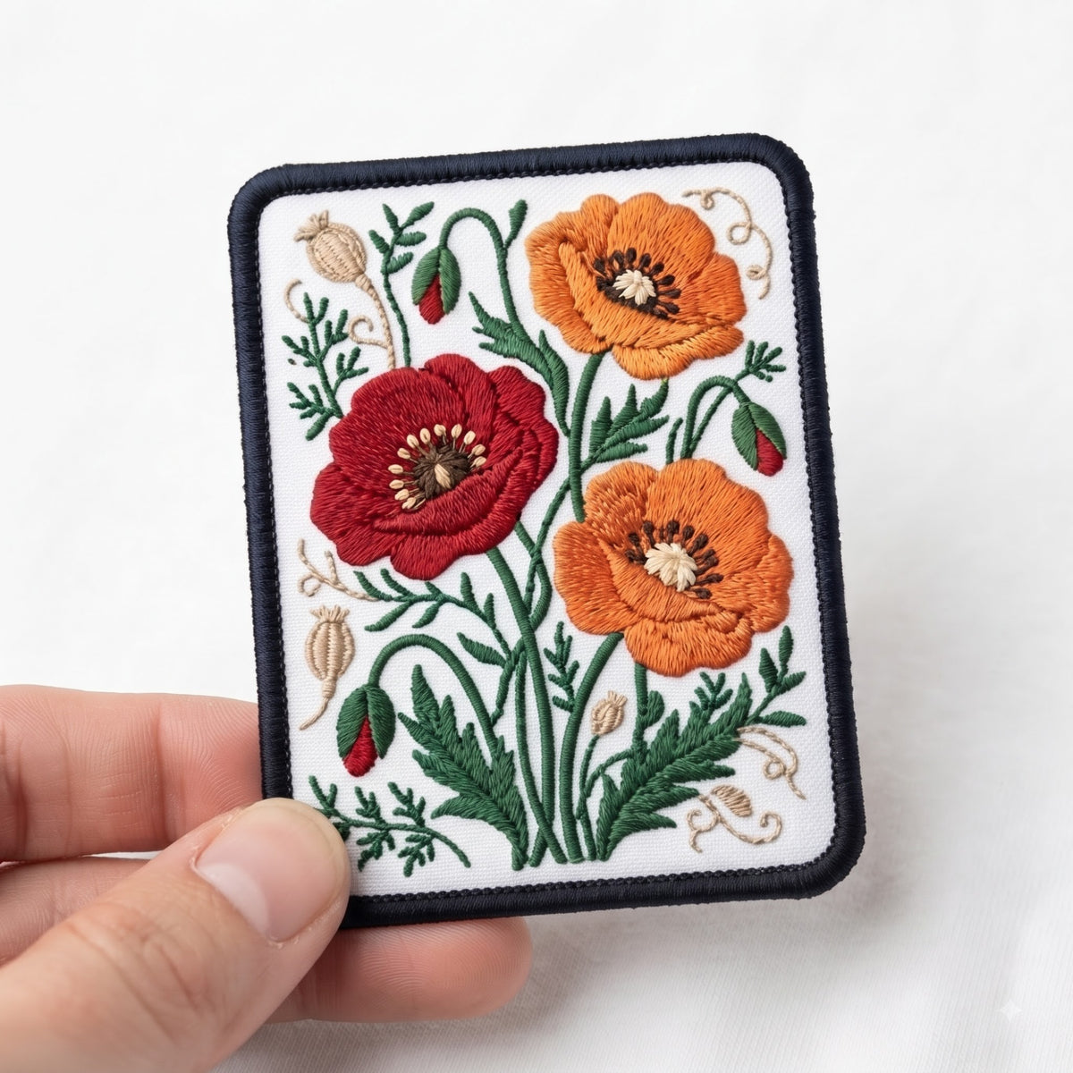 August Birth Flower Poppy embroidered patch in 3" — front view