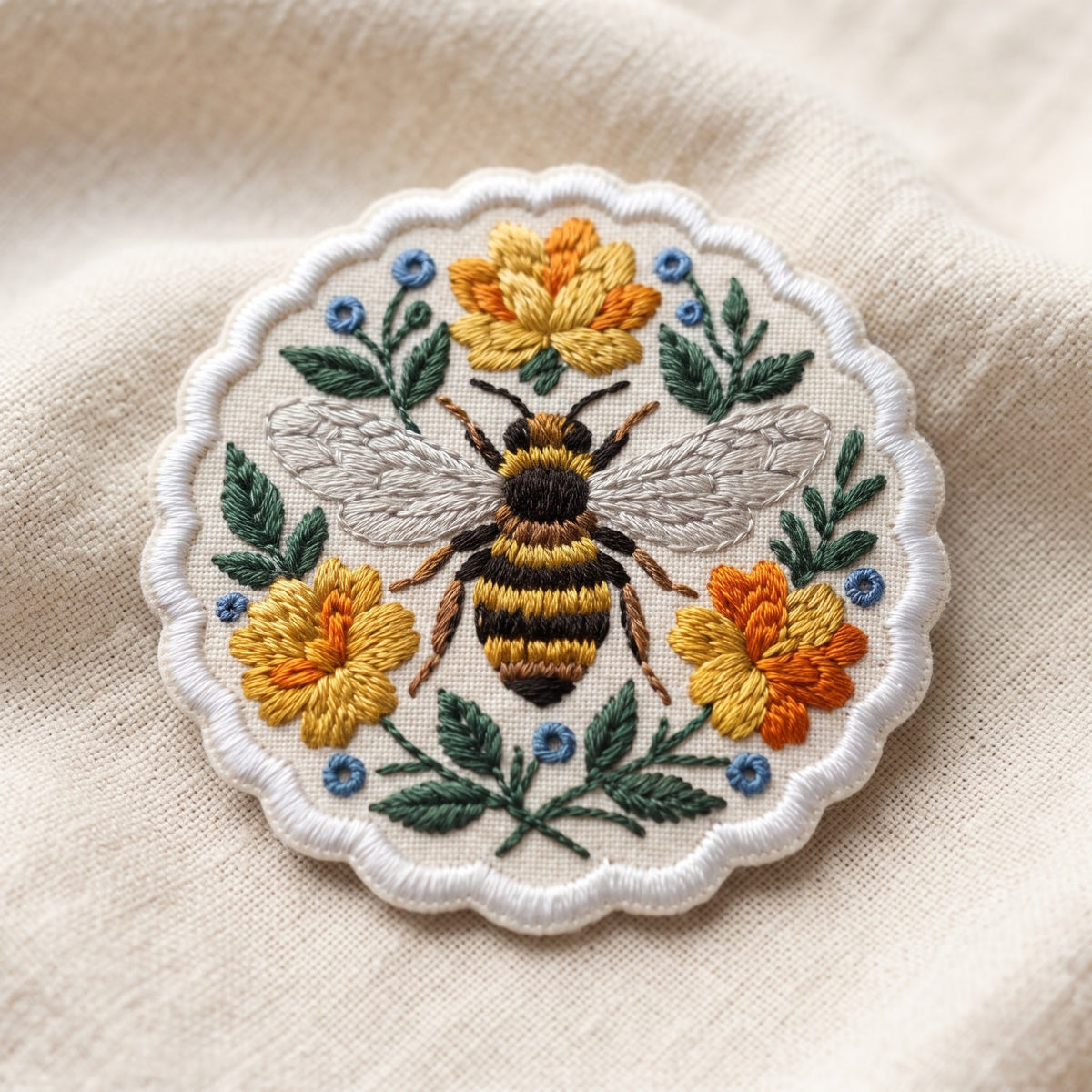 Honey Bee Wildflower Wreath embroidered patch in 3" — front view