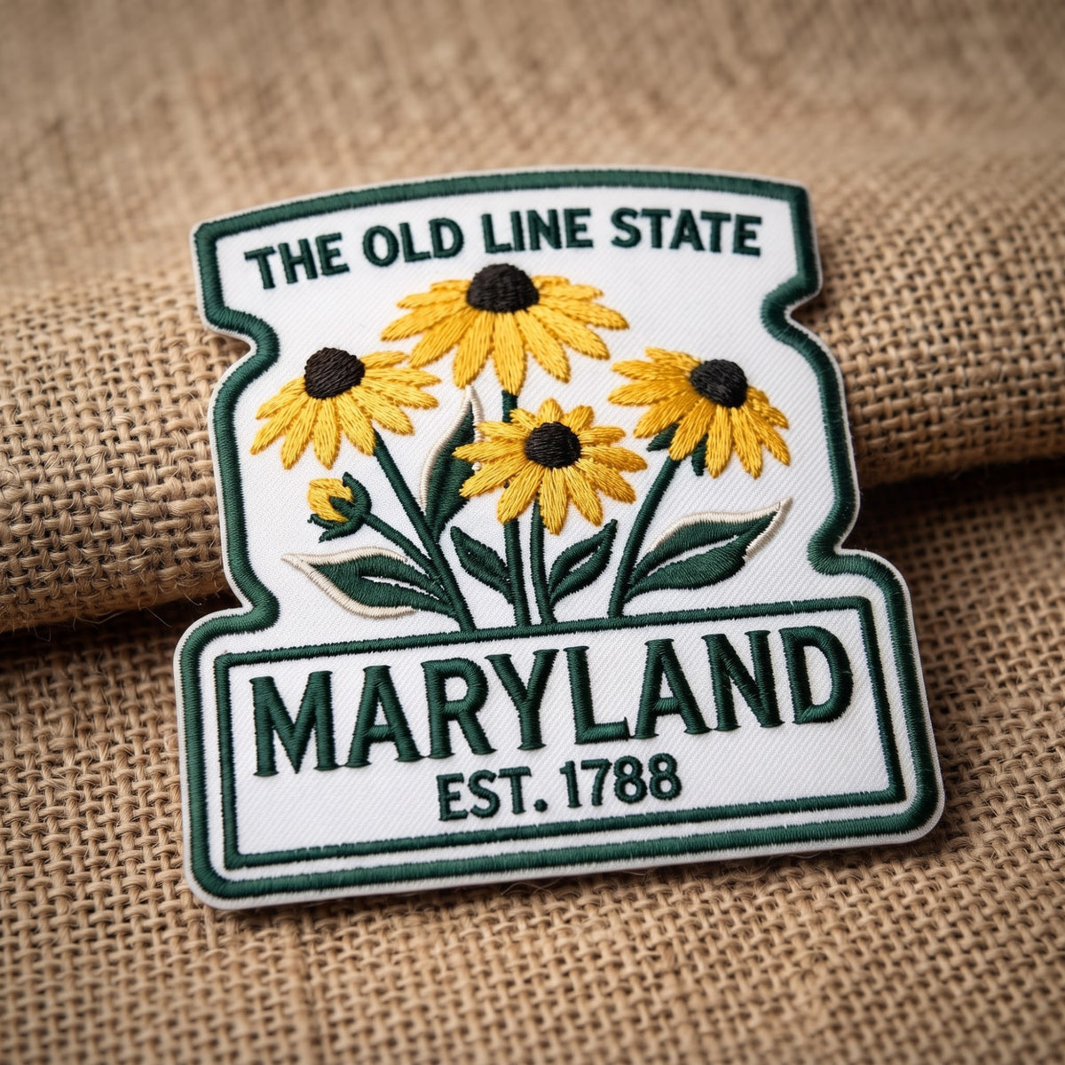 Maryland Old Line State Black Eyed Susan embroidered iron on patch — front view