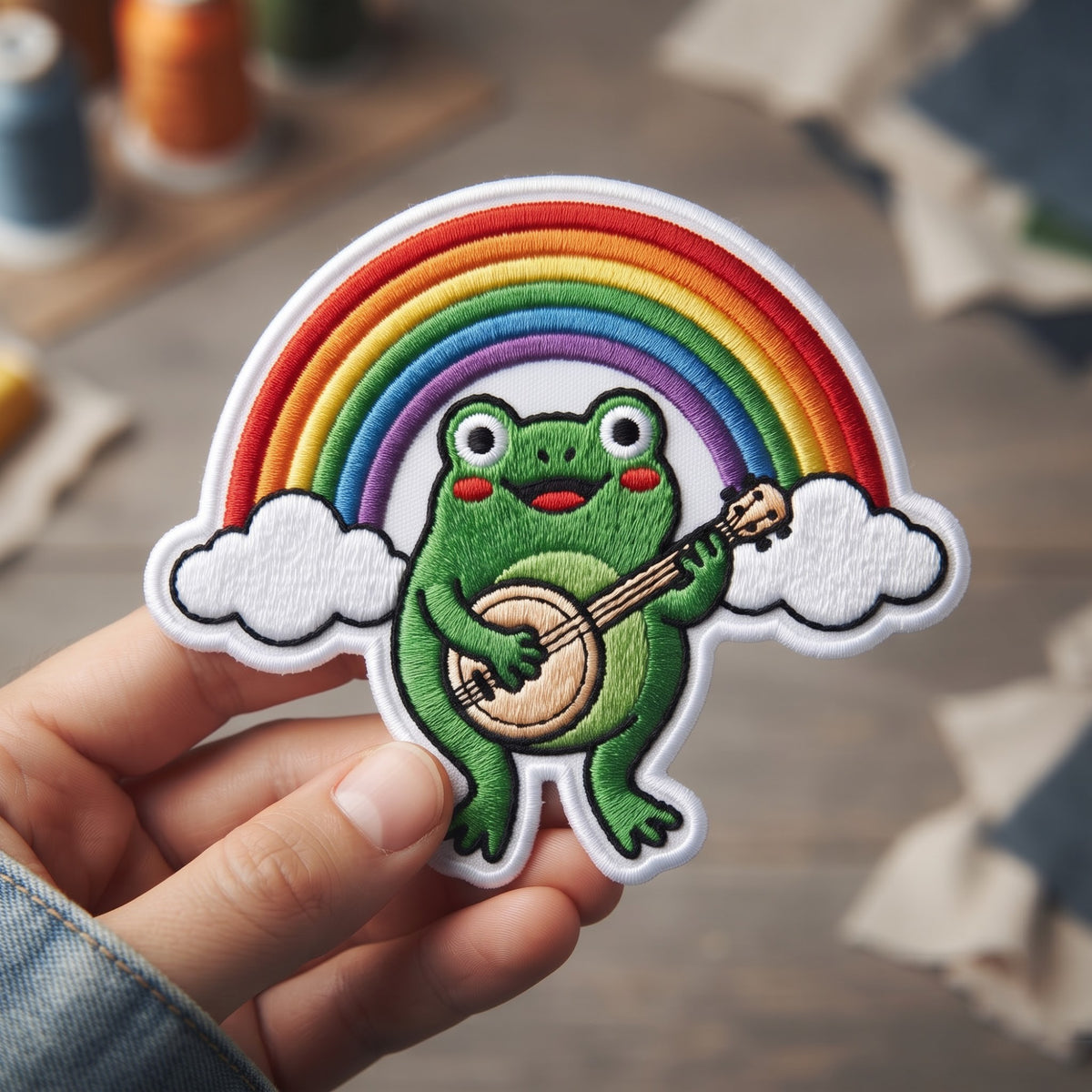 Cute Frog Playing Banjo Rainbow Clouds embroidered iron on patch — front view