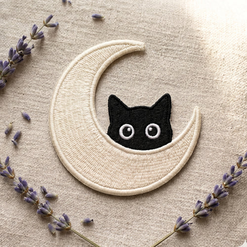 Black Cat Peeking Crescent Moon Minimalist embroidered iron on patch — front view