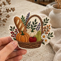 Fall Harvest Basket Pumpkin Bread Flowers Botanical embroidered iron on patch — front view