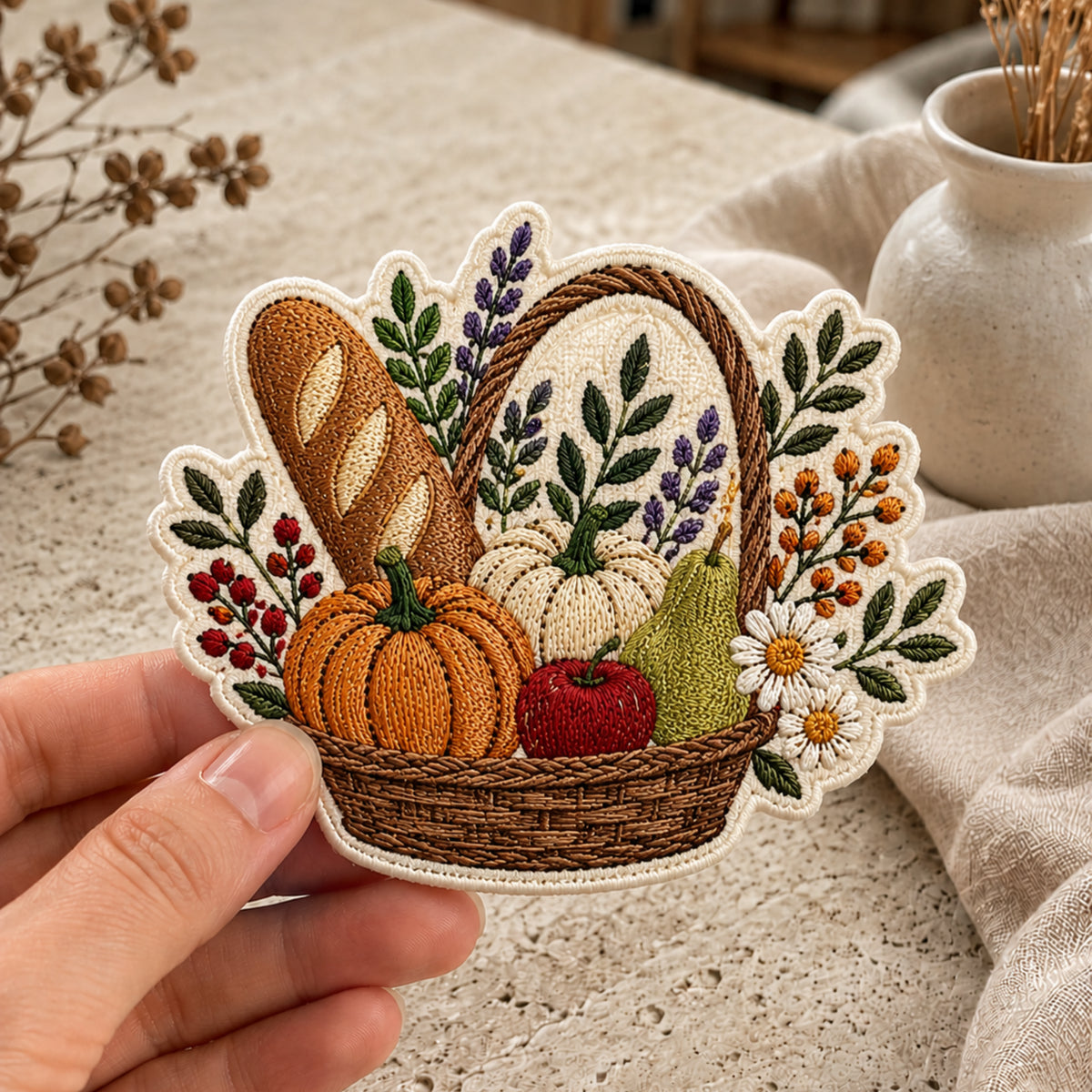 Fall Harvest Basket Pumpkin Bread Flowers Botanical embroidered iron on patch — front view