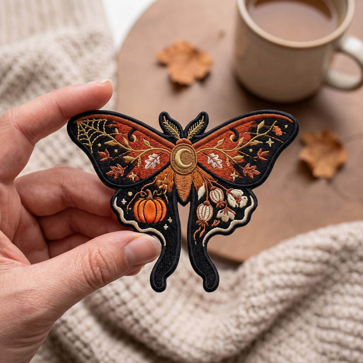 Halloween Autumn Moth Pumpkin Moon Crescent Floral Botanical embroidered iron on patch — front view