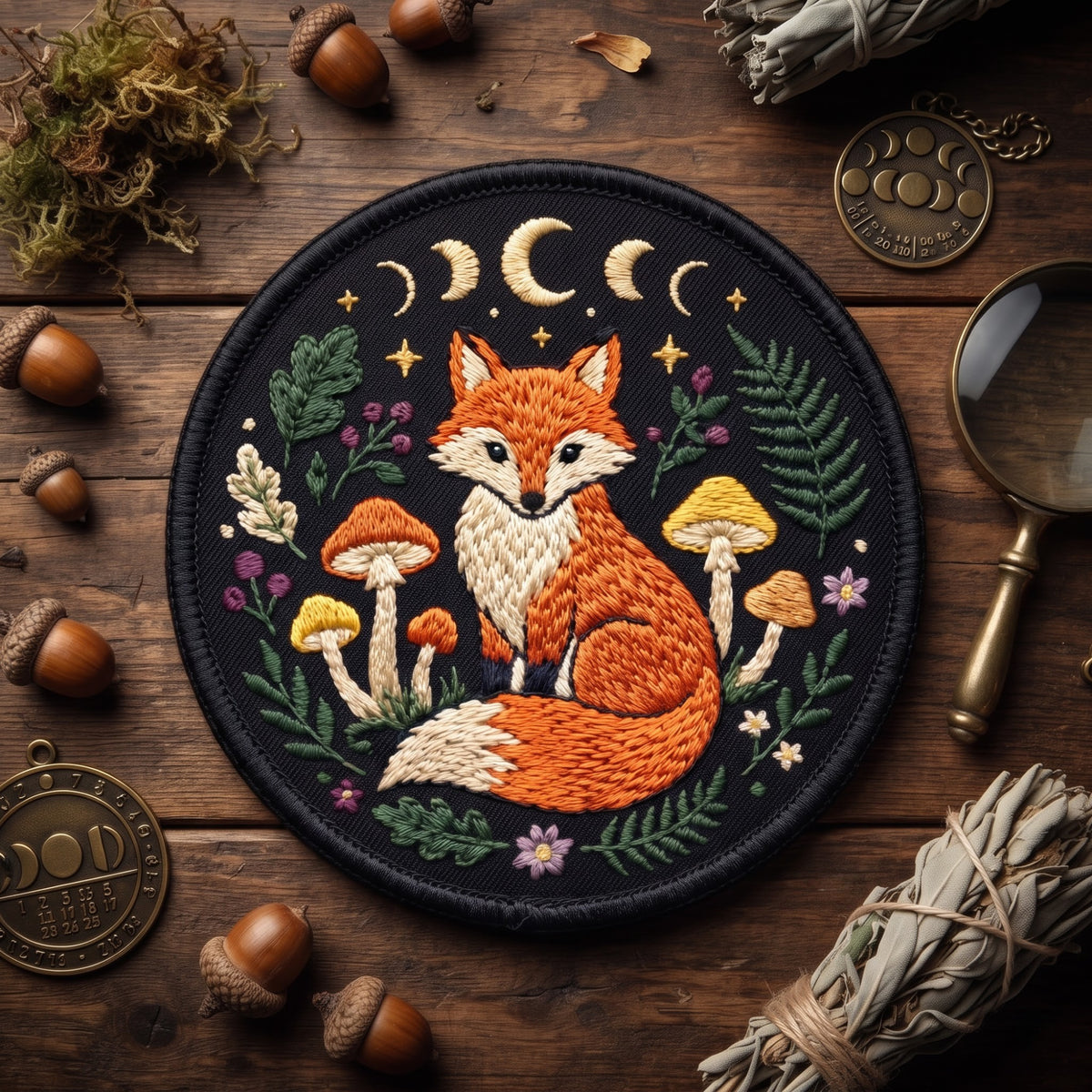 Mystical Fox Moon Phases Mushrooms Wildflowers Cottagecore embroidered iron on patch — front view