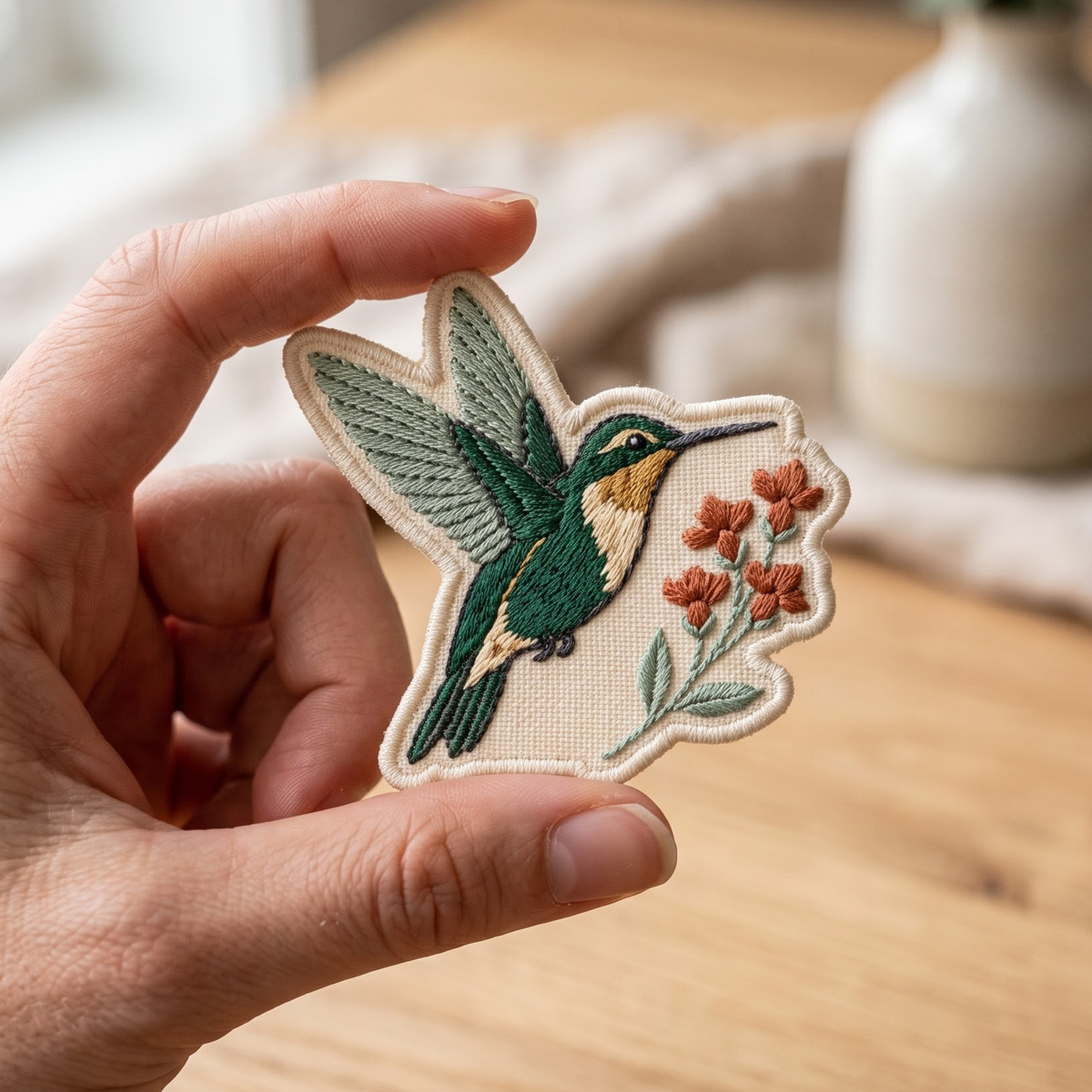 Hummingbird Wildflowers Botanical embroidered iron on patch — front view