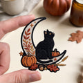 Halloween Black Cat Crescent Moon Pumpkin Autumn Leaves Acorn Stars embroidered iron on patch — front view