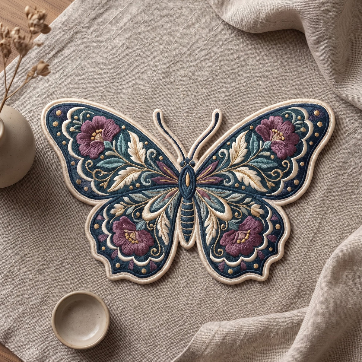 Botanical Floral Butterfly Folk Art Flowers Leaves Swirls embroidered iron on patch — front view