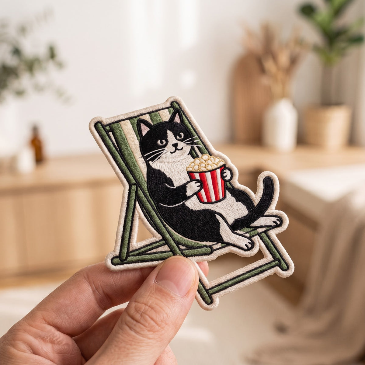 Tuxedo Cat Relaxing Beach Chair Popcorn embroidered iron on patch — front view