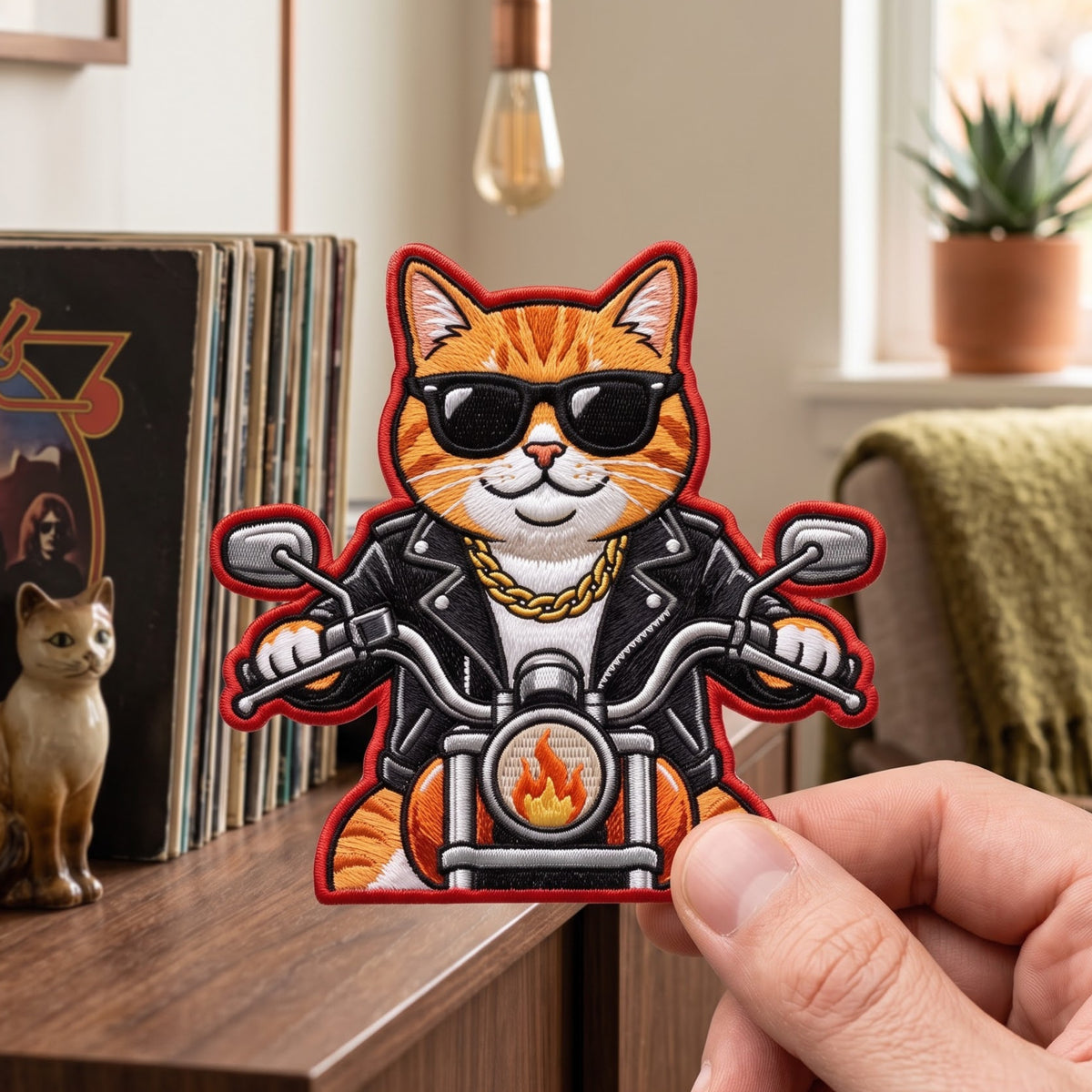 Biker Cat Orange Tabby Sunglasses Leather Jacket Motorcycle embroidered iron on patch — front view