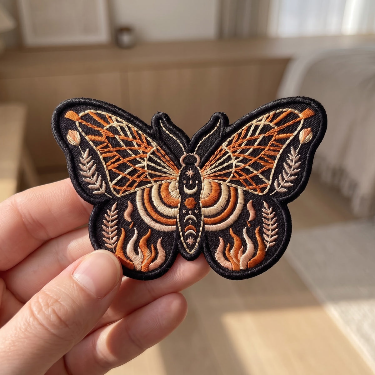 Celestial Moth Butterfly Moon Stars Flames Botanical embroidered iron on patch — front view