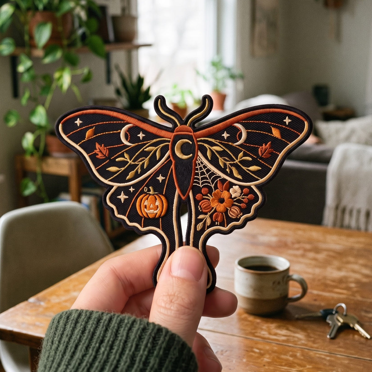 Halloween Moth Jack-o-Lantern Floral Spider Web Moon Autumn embroidered iron on patch — front view
